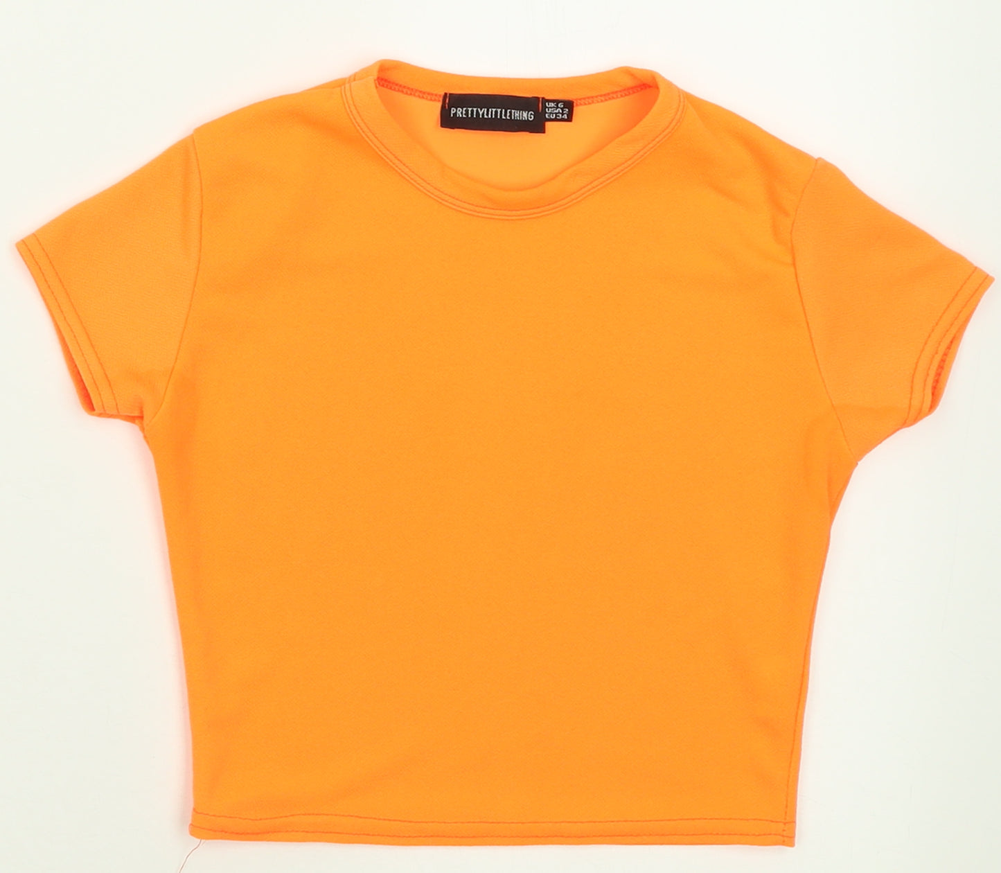 PRETTYLITTLETHING Womens Orange  Polyester Cropped T-Shirt Size 6 Crew Neck