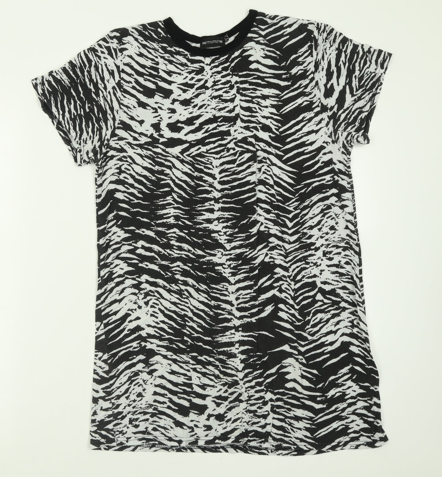 PRETTYLITTLETHING Womens Black Animal Print Viscose Basic T-Shirt Size 8 Crew Neck