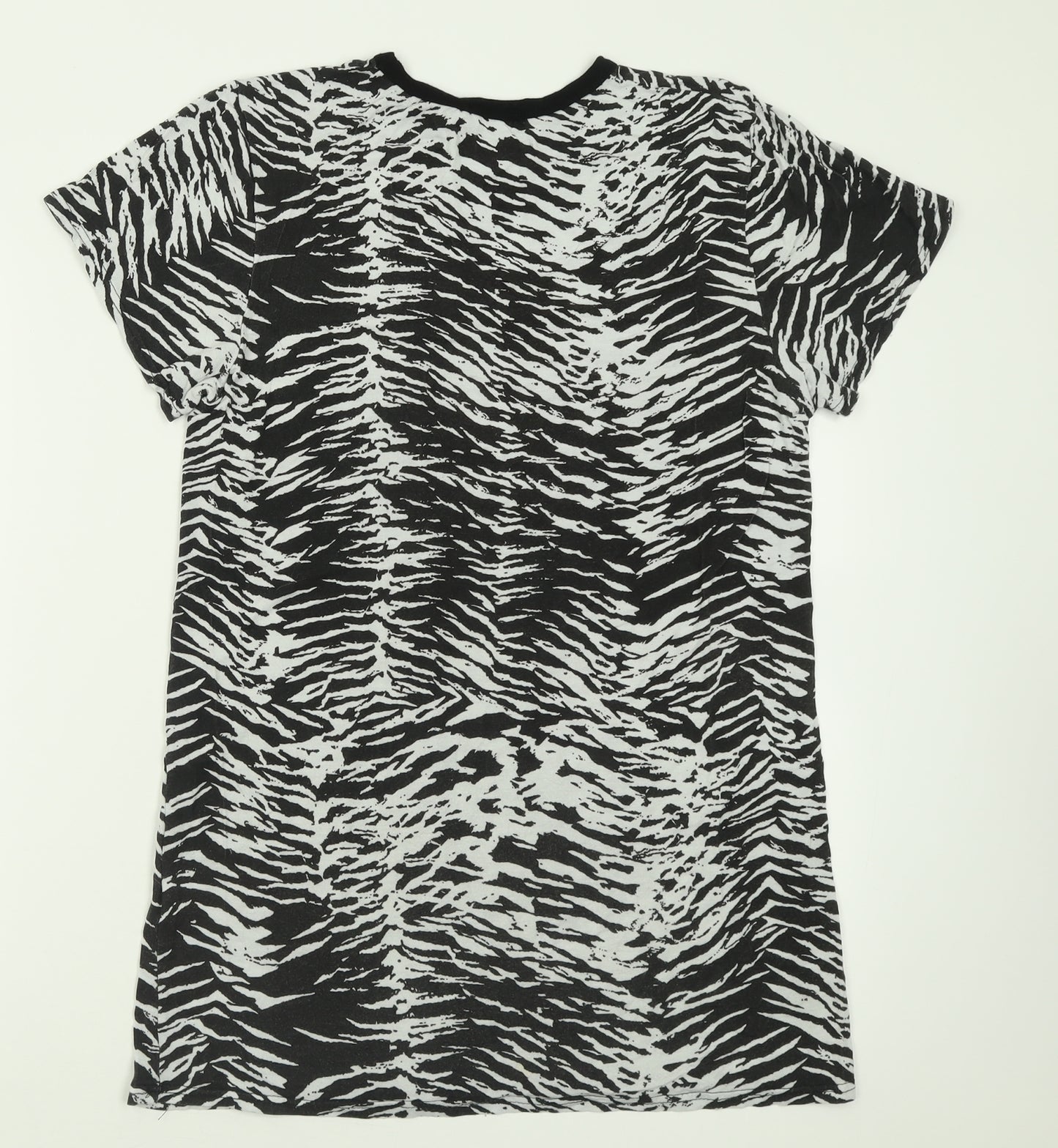 PRETTYLITTLETHING Womens Black Animal Print Viscose Basic T-Shirt Size 8 Crew Neck