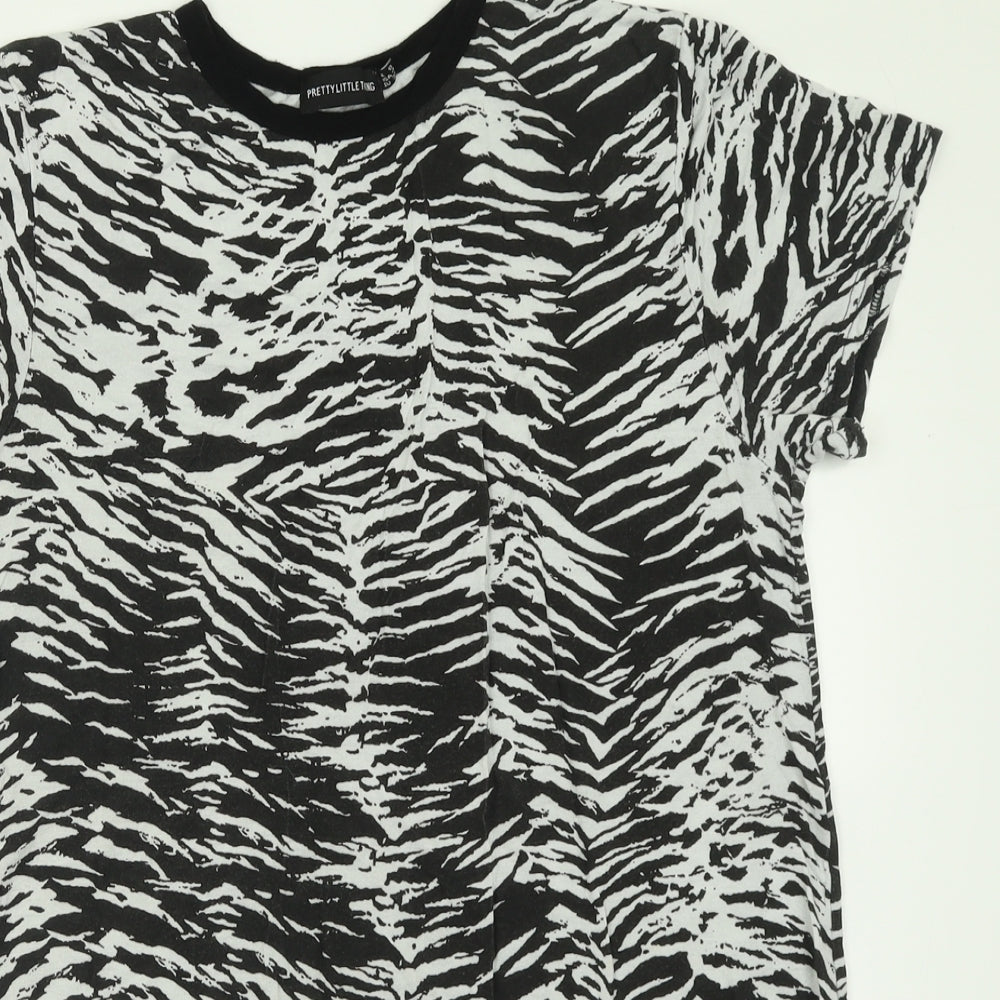 PRETTYLITTLETHING Womens Black Animal Print Viscose Basic T-Shirt Size 8 Crew Neck