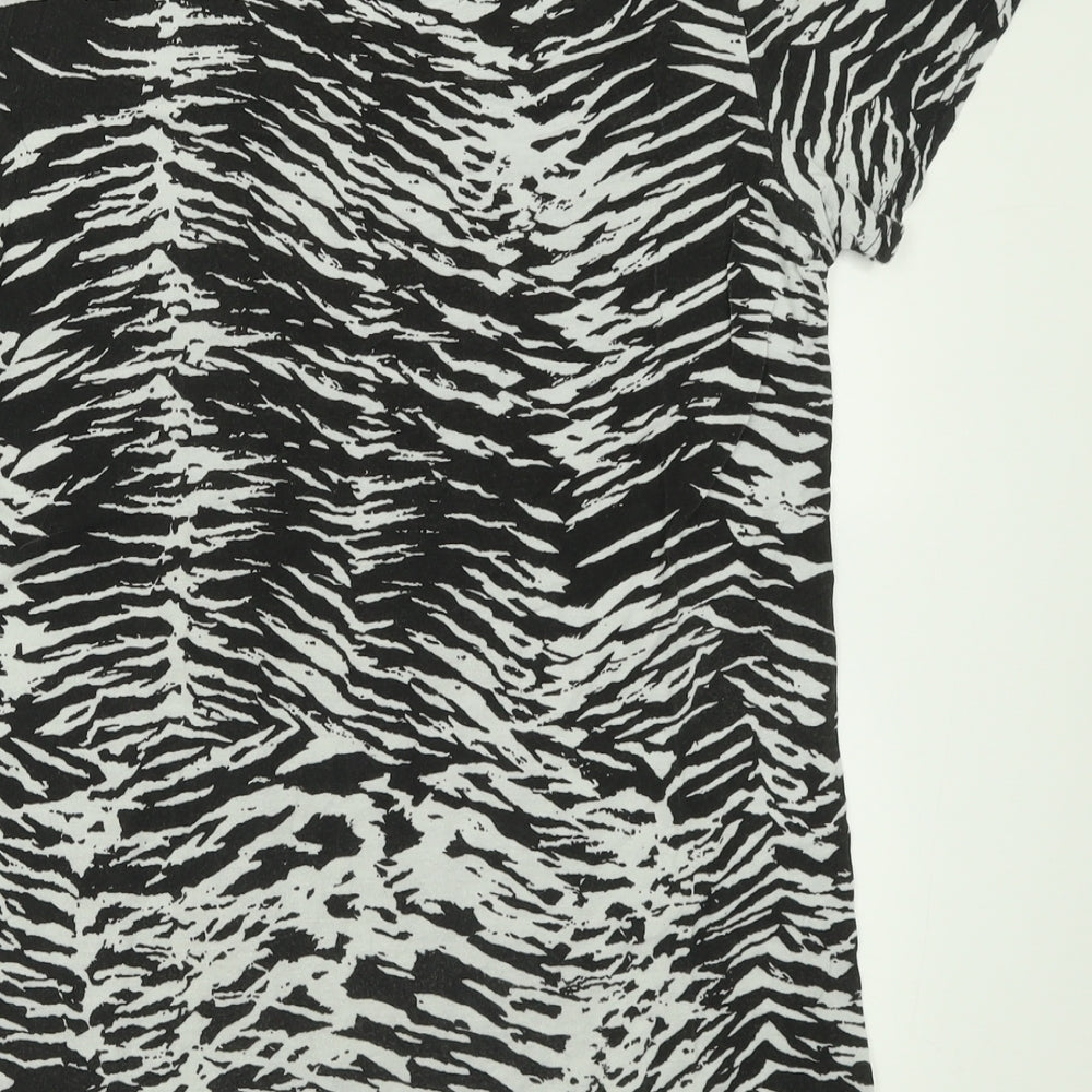 PRETTYLITTLETHING Womens Black Animal Print Viscose Basic T-Shirt Size 8 Crew Neck