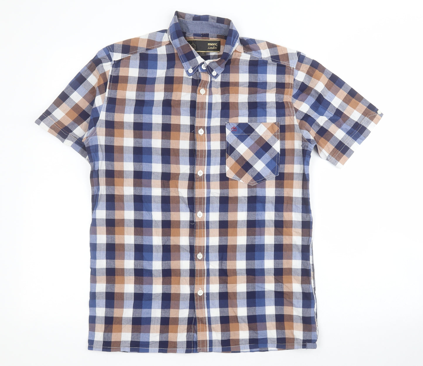 Merc London Mens Blue Plaid Cotton  Button-Up Size S Collared Button