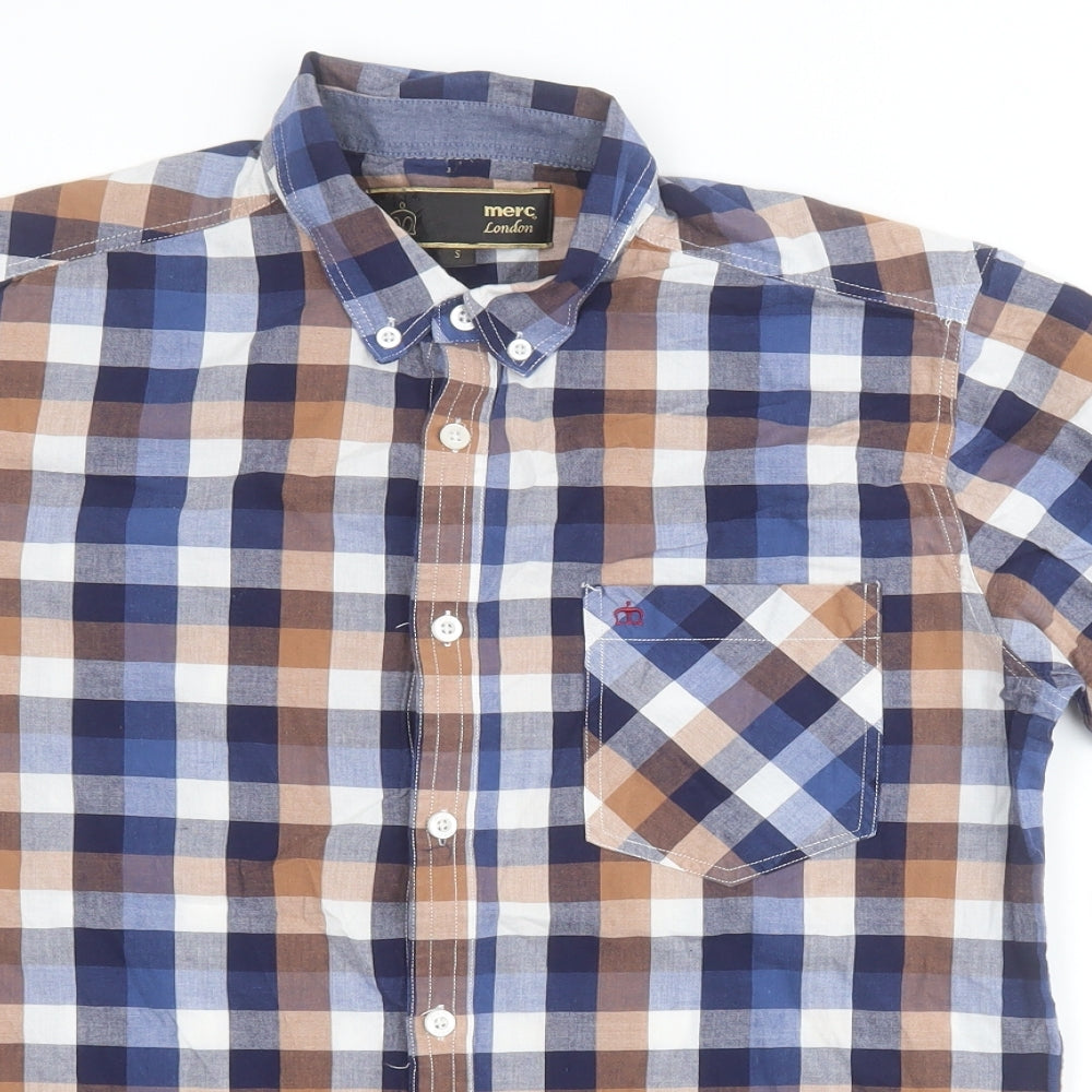 Merc London Mens Blue Plaid Cotton  Button-Up Size S Collared Button