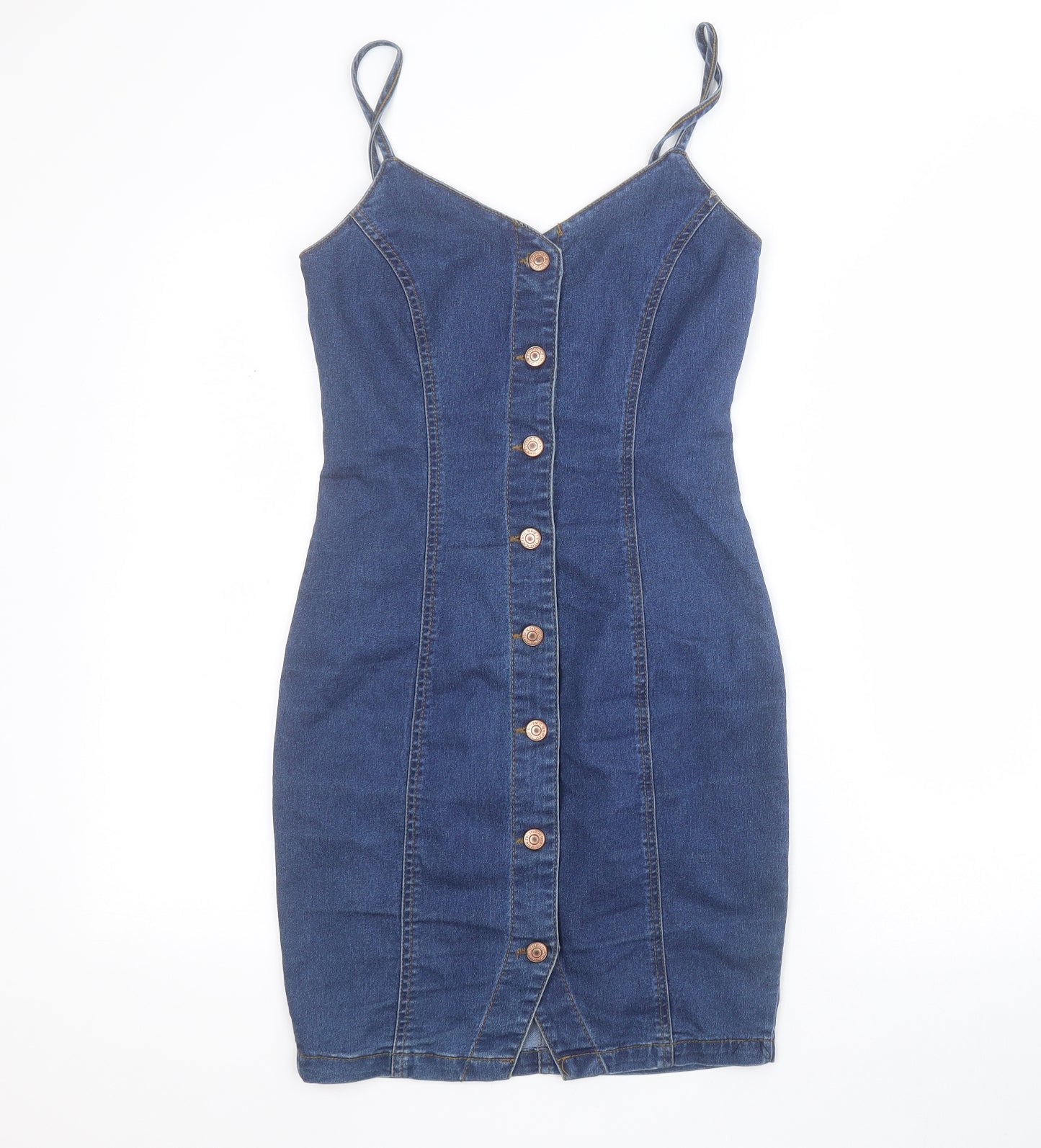 New Look Womens Blue  Cotton Mini  Size 8  V-Neck Button