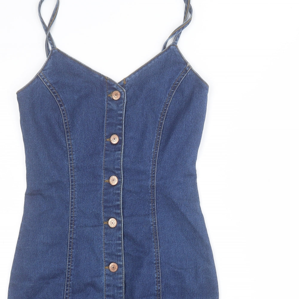 New Look Womens Blue  Cotton Mini  Size 8  V-Neck Button