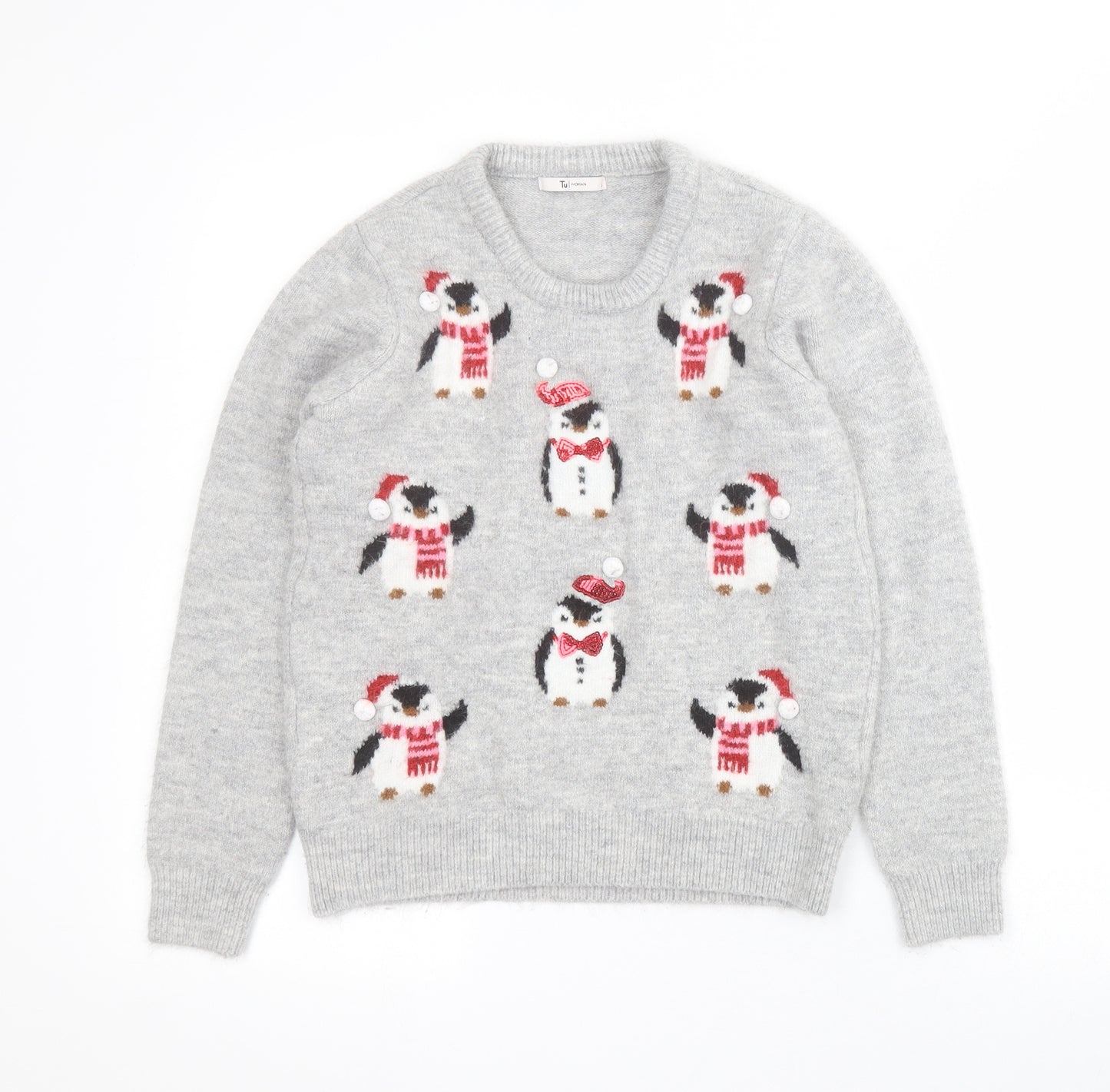 TU Womens Grey Round Neck  Acrylic Pullover Jumper Size 8   - Christmas