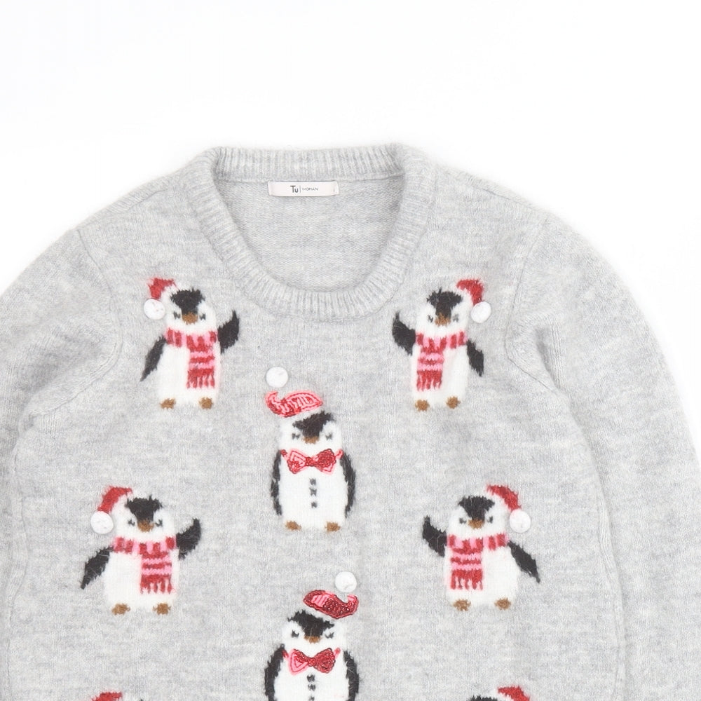 TU Womens Grey Round Neck  Acrylic Pullover Jumper Size 8   - Christmas