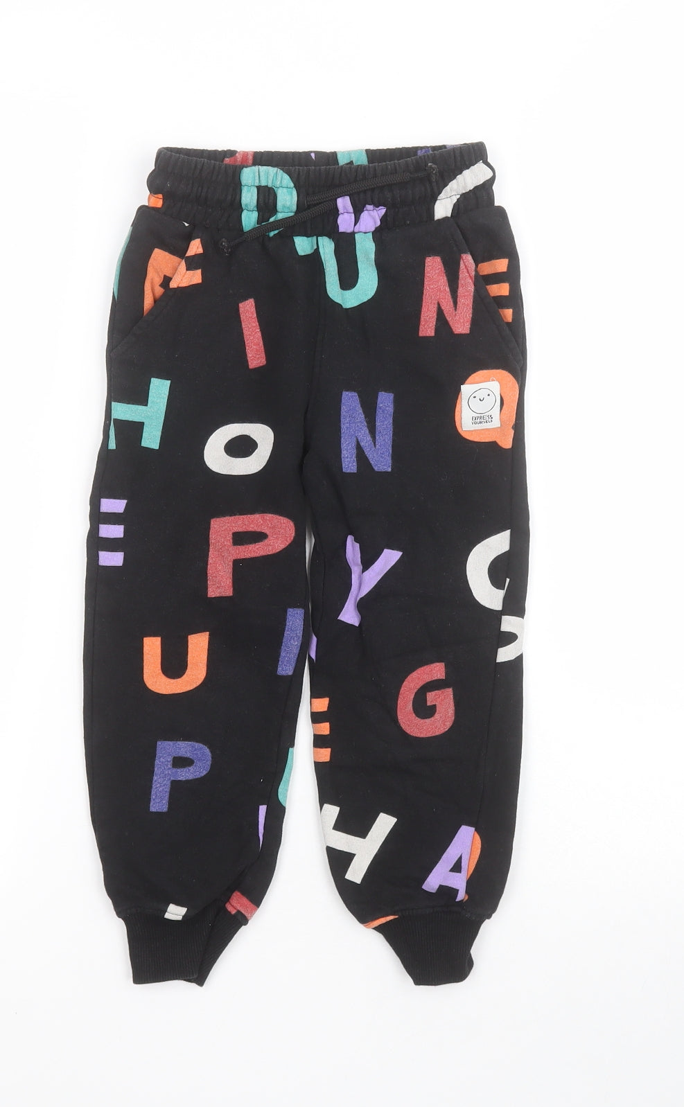 Primark Boys Black  100% Cotton Jegging Trousers Size 4-5 Years  Regular Drawstring - Alphabet