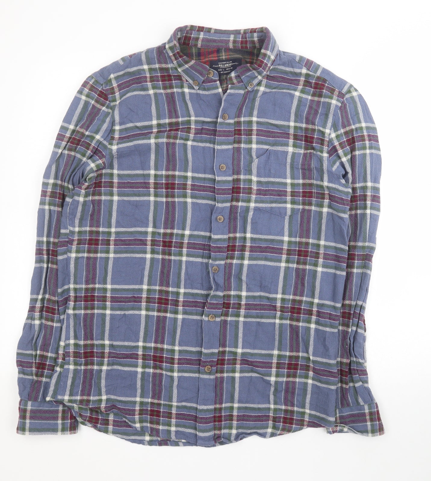 Pull & Bear Mens Blue Plaid Cotton  Button-Up Size L Collared Button