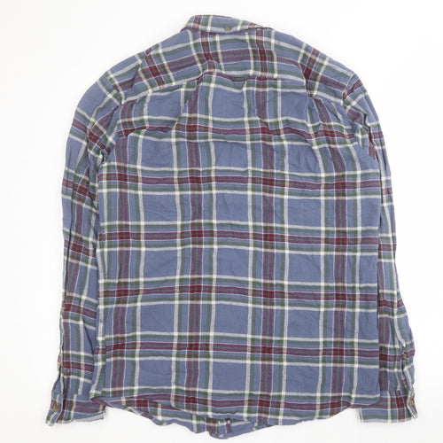 Pull & Bear Mens Blue Plaid Cotton  Button-Up Size L Collared Button