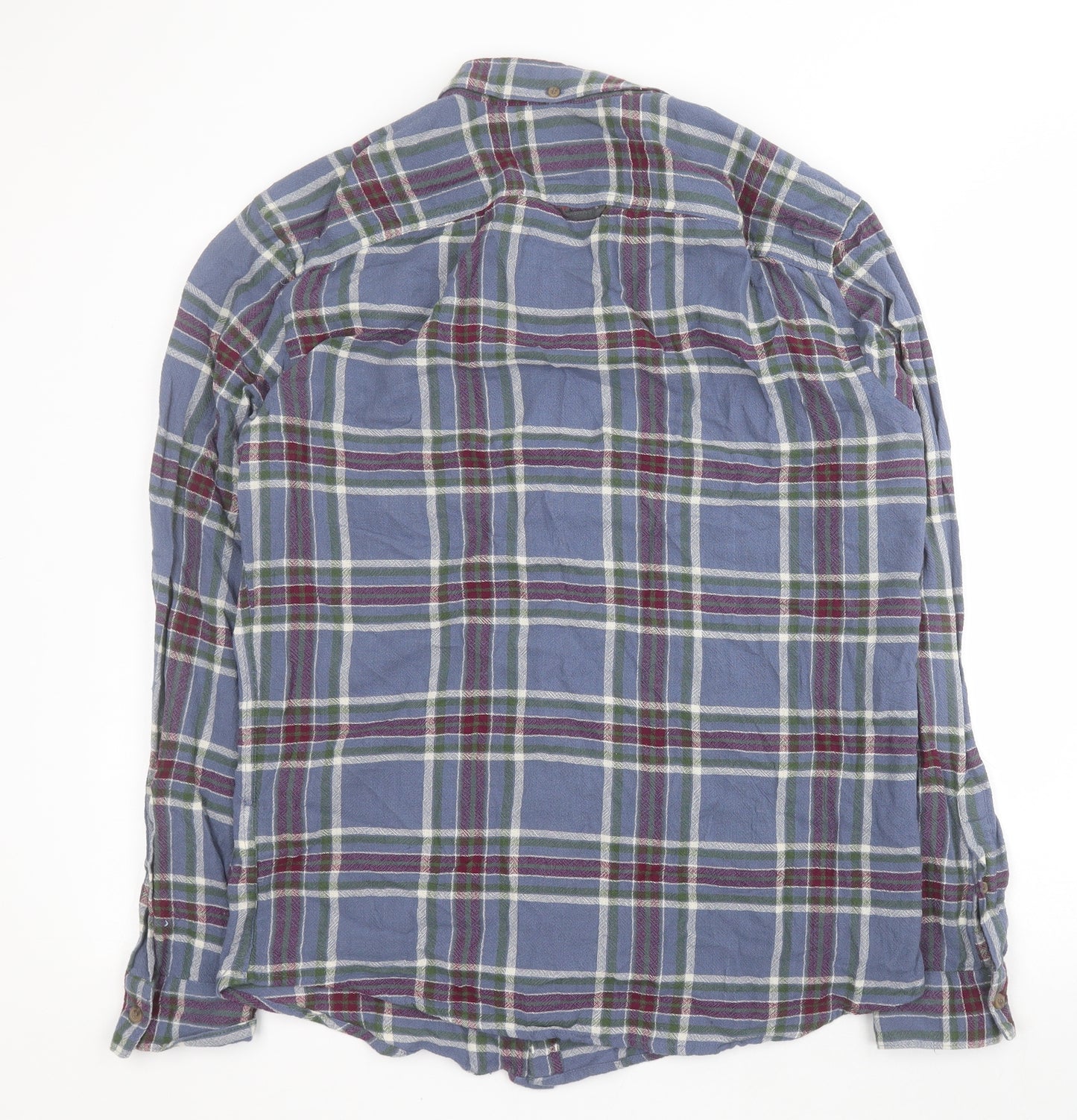 Pull & Bear Mens Blue Plaid Cotton  Button-Up Size L Collared Button
