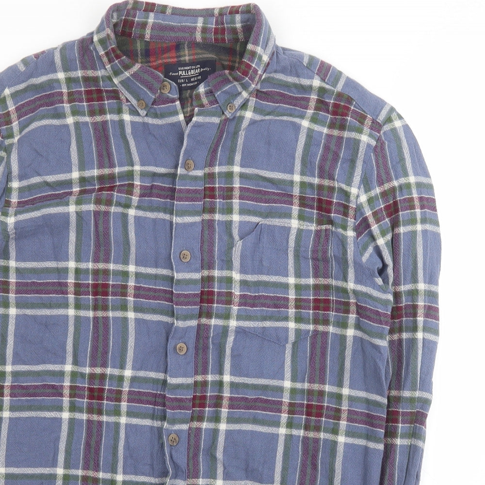 Pull & Bear Mens Blue Plaid Cotton  Button-Up Size L Collared Button