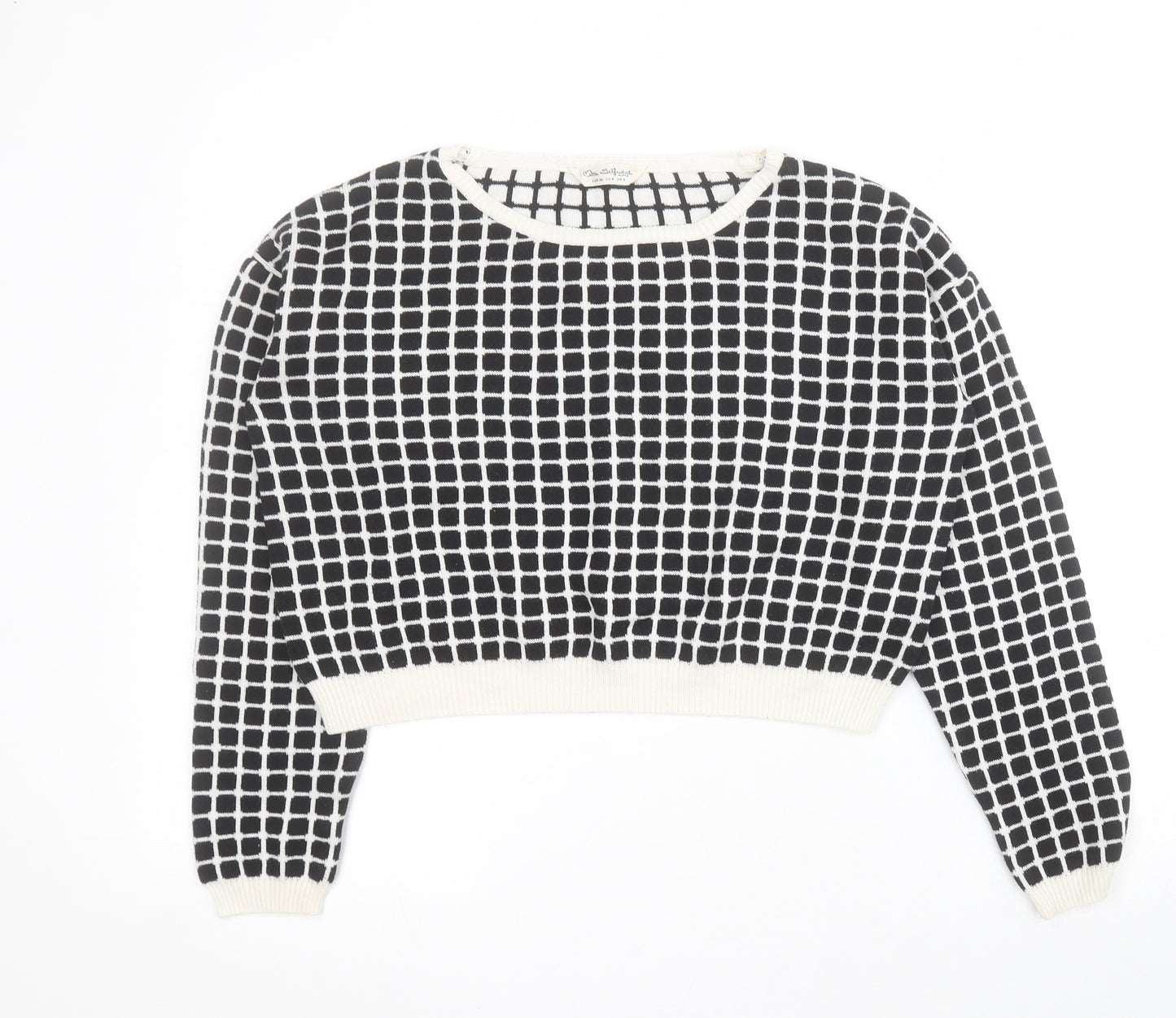 Miss Selfridge Womens Black Round Neck Geometric Acrylic Pullover Jumper Size 8   - Cropped