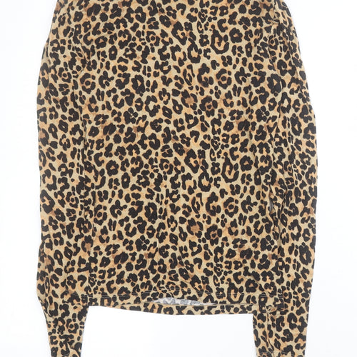 Primark Womens Brown Animal Print Viscose Basic Polo Size 2XS Round Neck