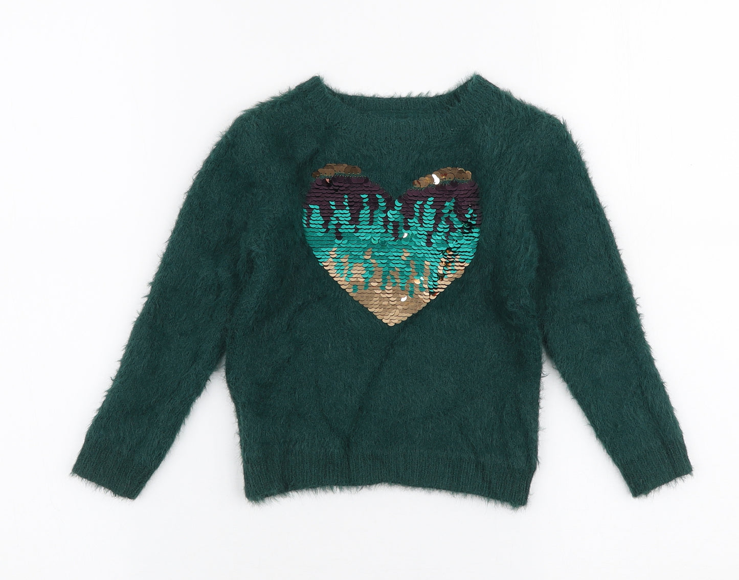 Primark Girls Green Round Neck  Polyamide Pullover Jumper Size 3-4 Years  Pullover - Heart