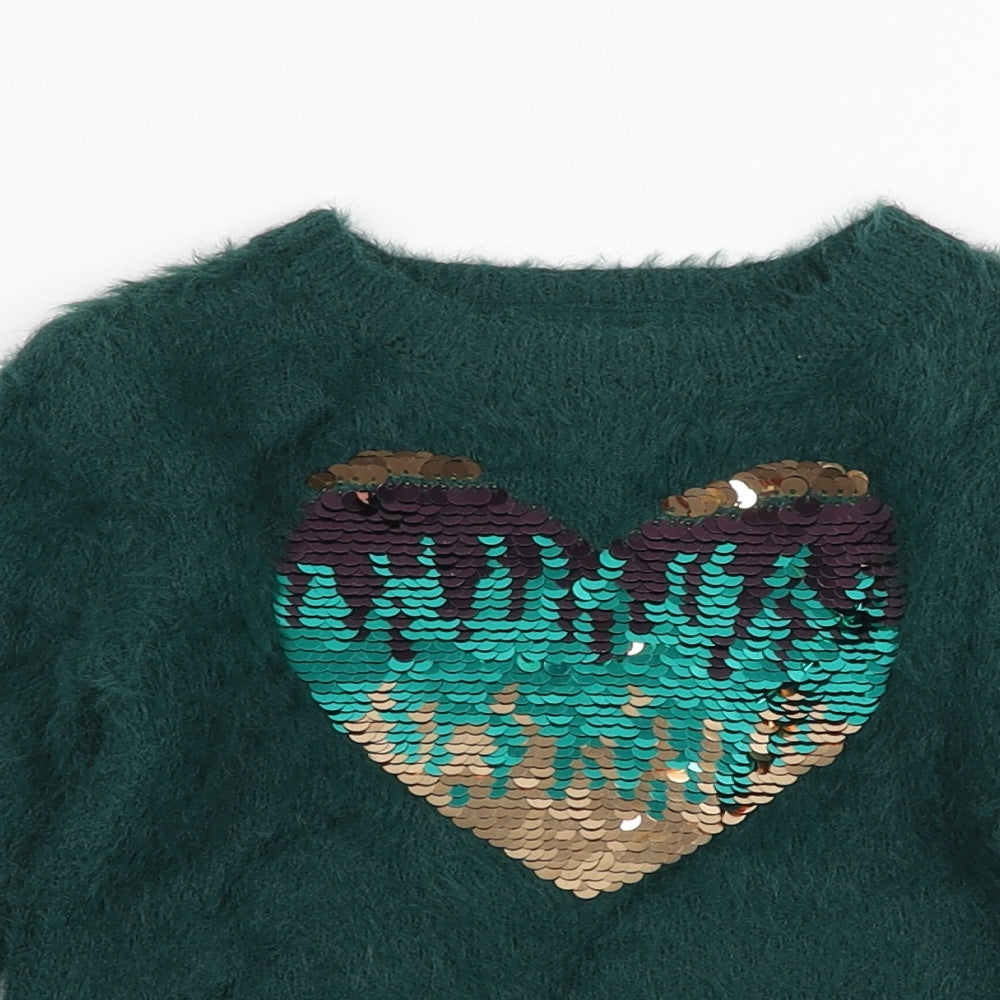 Primark Girls Green Round Neck  Polyamide Pullover Jumper Size 3-4 Years  Pullover - Heart