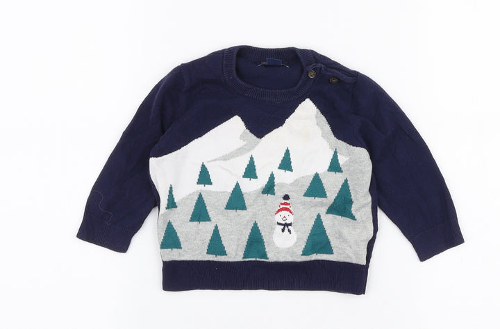 Gap Boys Blue 100% Cotton Pullover Jumper Size 6-9 Months Button - Christmas Snowman