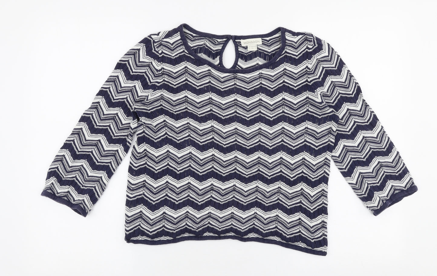 Monsoon Womens Blue Round Neck Striped Cotton Pullover Jumper Size 12