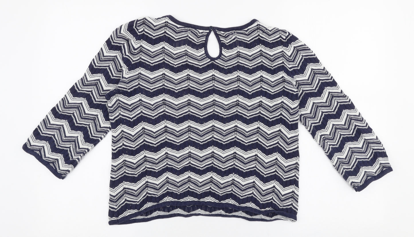 Monsoon Womens Blue Round Neck Striped Cotton Pullover Jumper Size 12
