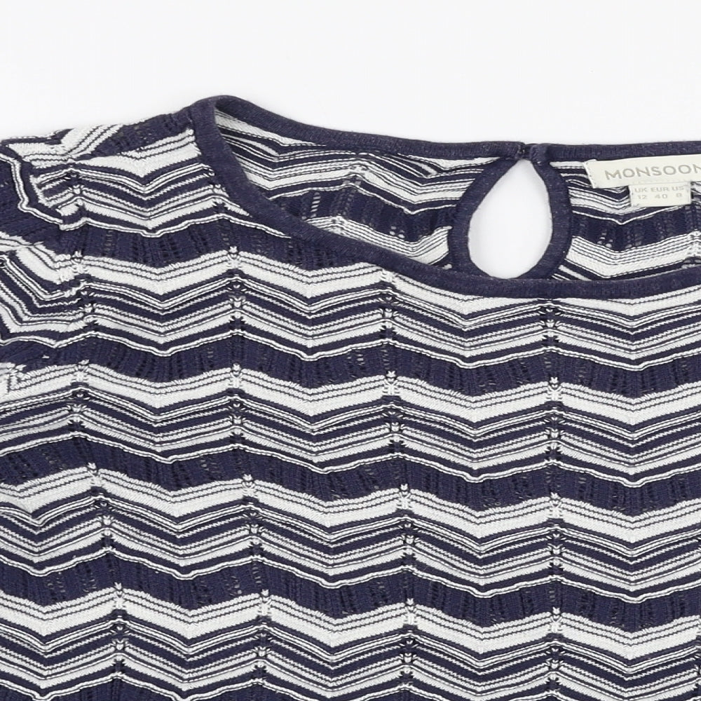 Monsoon Womens Blue Round Neck Striped Cotton Pullover Jumper Size 12