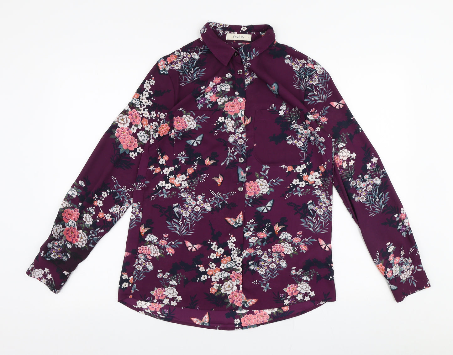 Oasis Womens Purple Floral Polyester Basic Blouse Size 8 Collared