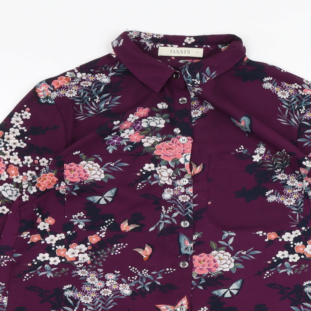 Oasis Womens Purple Floral Polyester Basic Blouse Size 8 Collared