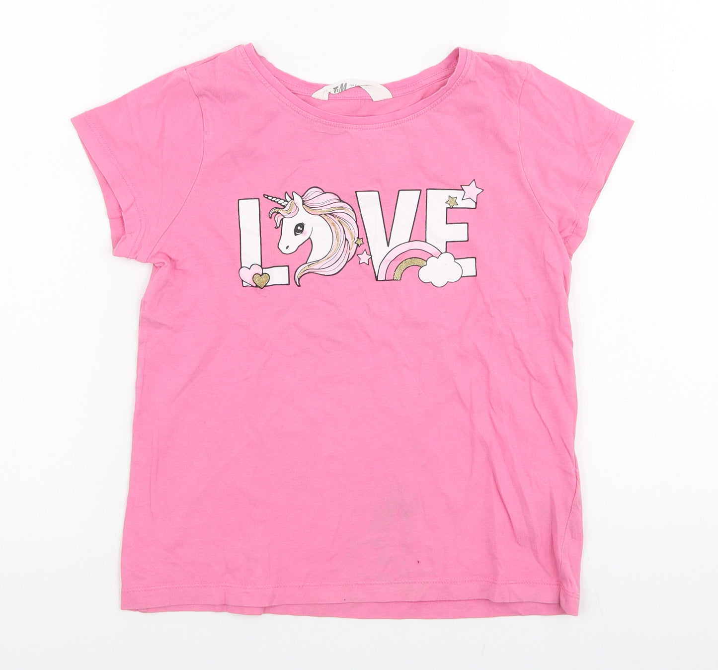 H&M Girls Pink  100% Cotton Jersey T-Shirt Size 9-10 Years Round Neck Pullover - Unicorn