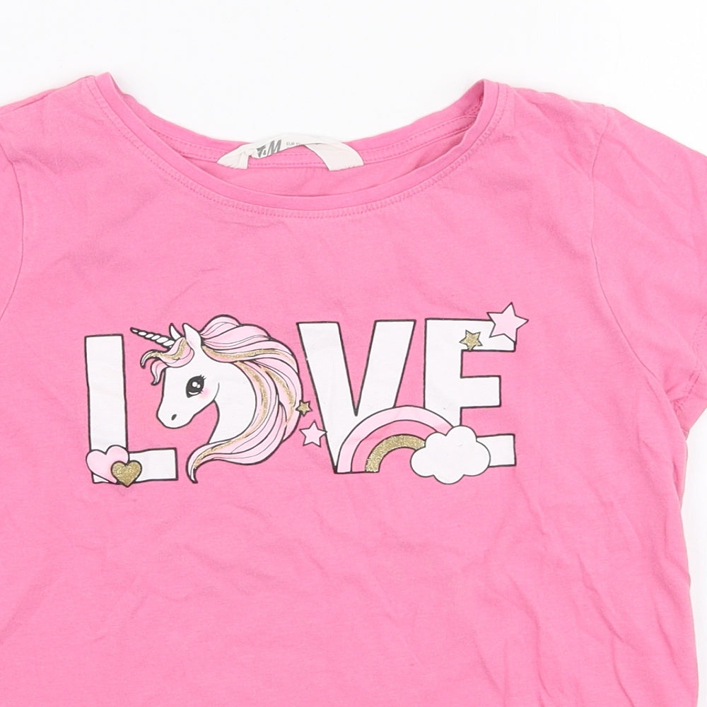 H&M Girls Pink  100% Cotton Jersey T-Shirt Size 9-10 Years Round Neck Pullover - Unicorn
