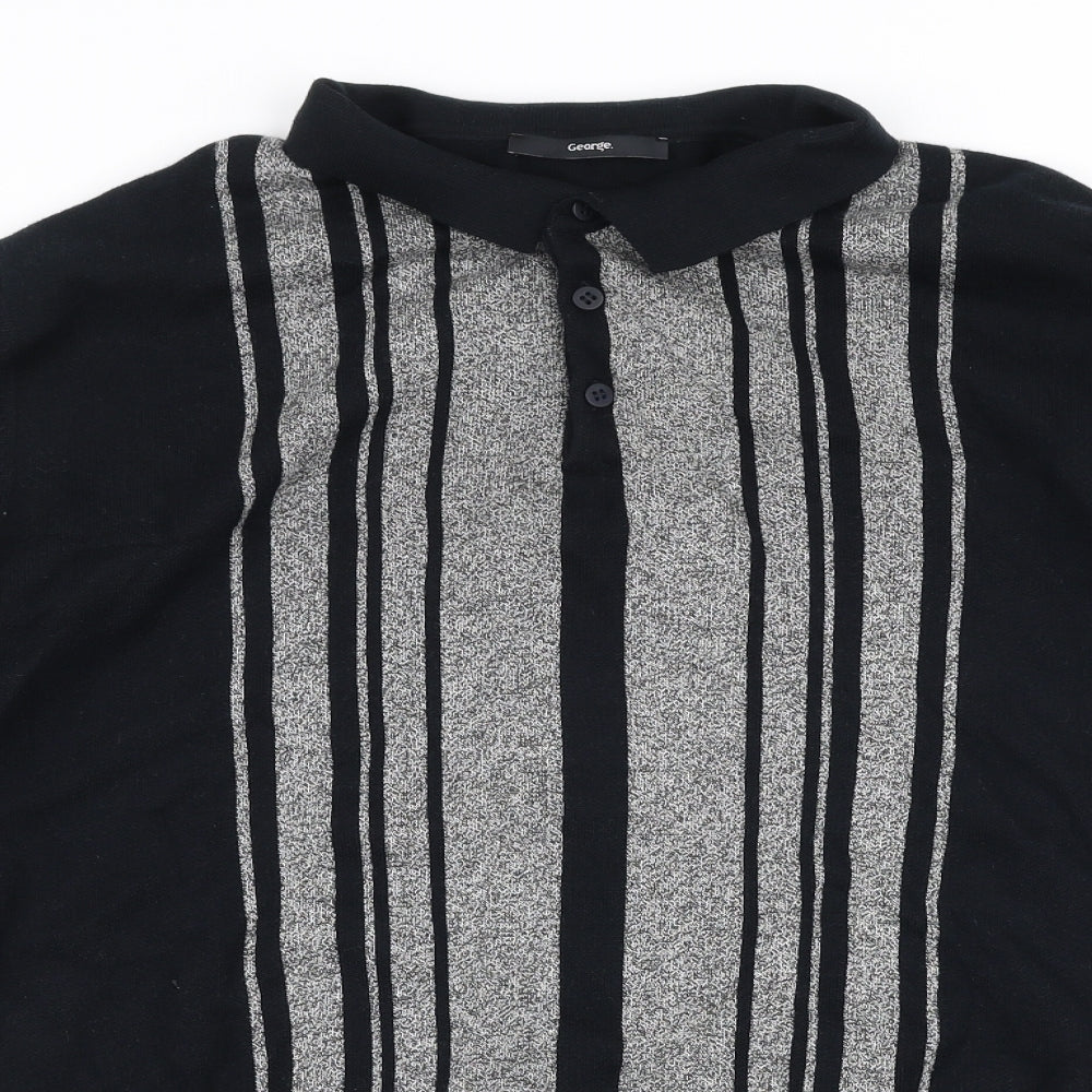 George Mens Black Striped Cotton  Polo Size L Collared Button