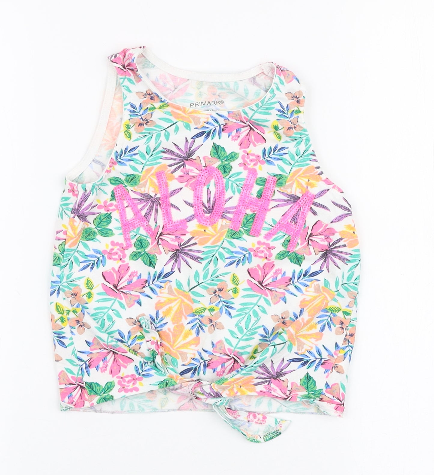 Primark Girls Multicoloured Floral 100% Cotton Jersey Tank Size 5-6 Years Round Neck Tie - Aloha