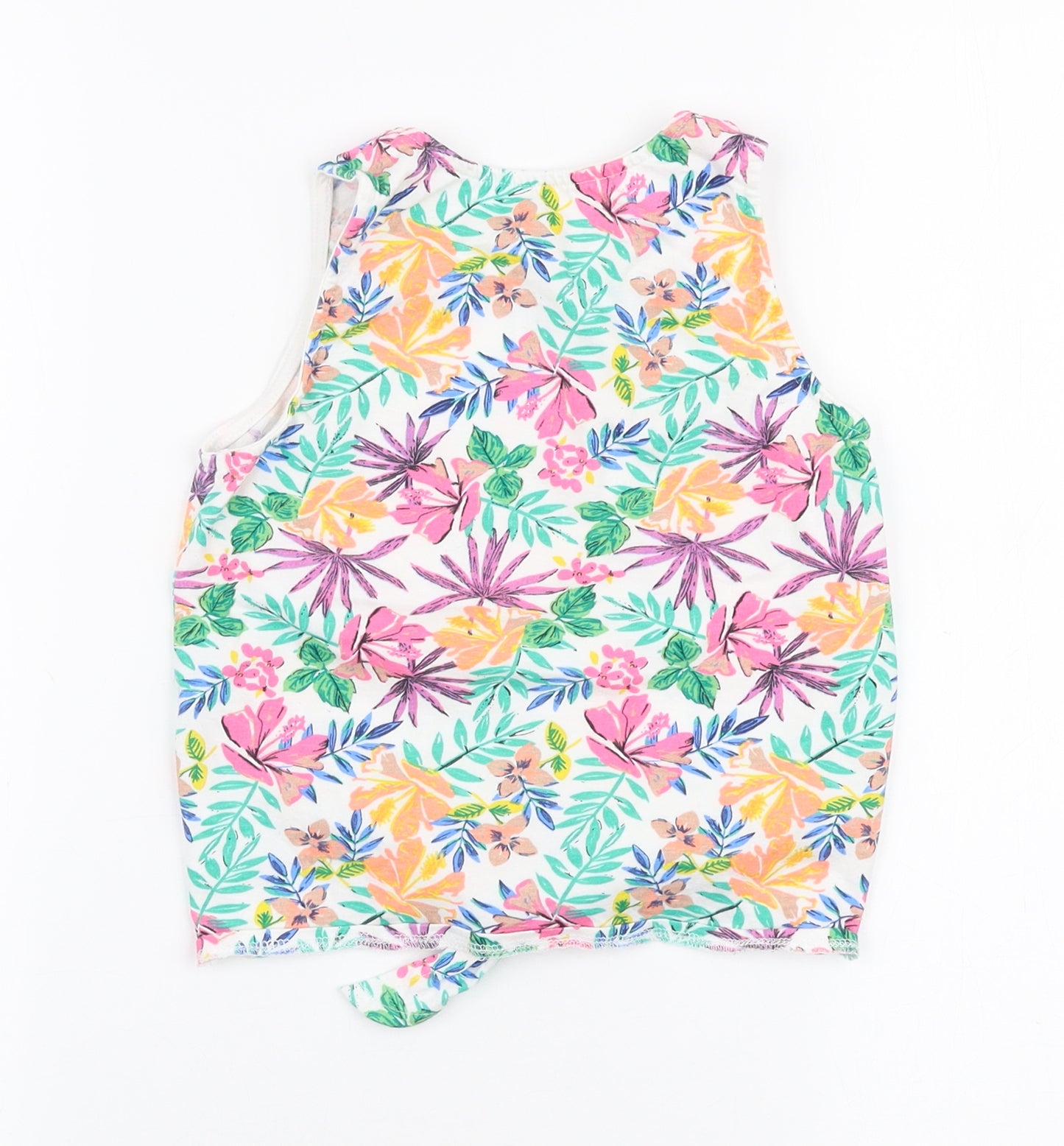 Primark Girls Multicoloured Floral 100% Cotton Jersey Tank Size 5-6 Years Round Neck Tie - Aloha