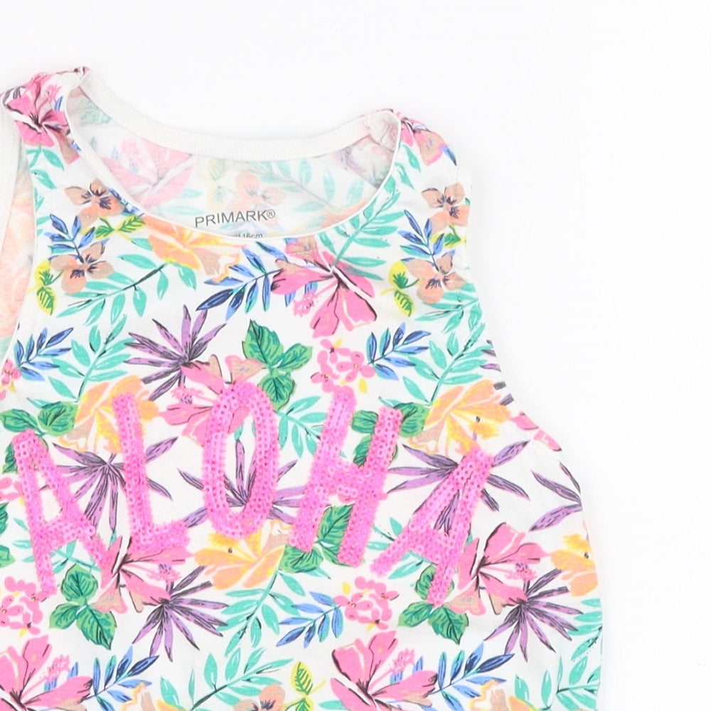 Primark Girls Multicoloured Floral 100% Cotton Jersey Tank Size 5-6 Years Round Neck Tie - Aloha