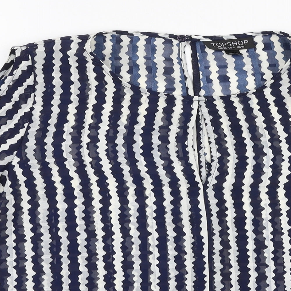 Topshop Womens Blue Striped Polyester Basic Blouse Size 10 Round Neck - Cold shoulder
