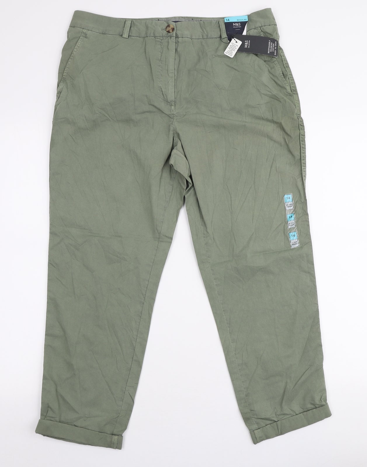 Marks and Spencer Womens Green  Cotton Chino Trousers Size 14 L26 in Regular Zip