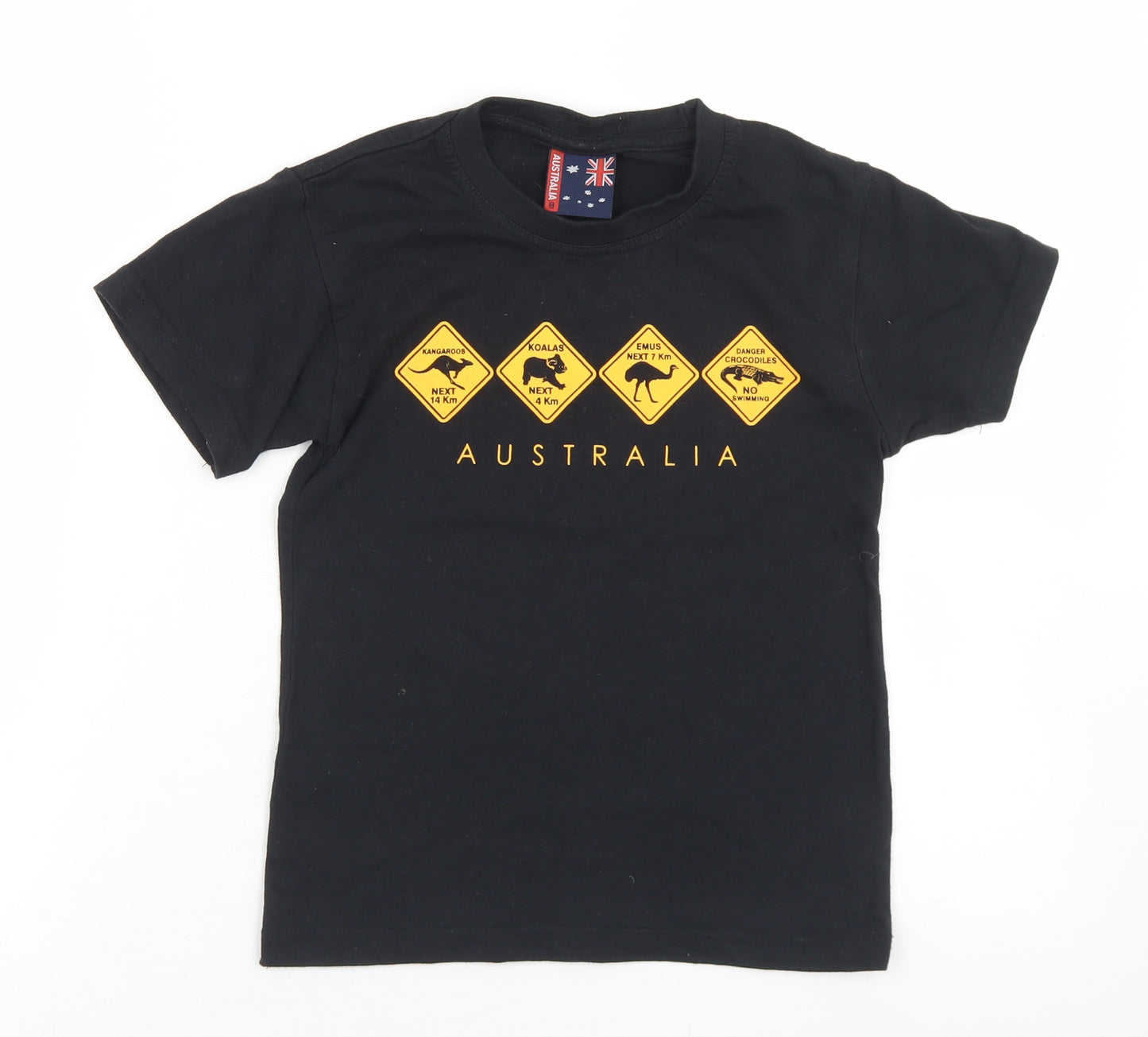 Australia Boys Black  Cotton Basic T-Shirt Size 8 Years Crew Neck