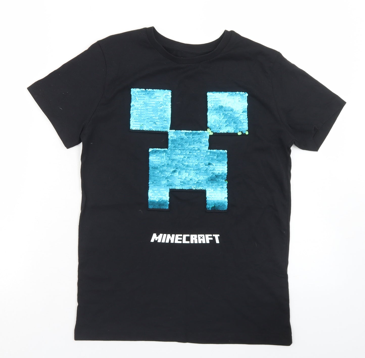 NEXT Boys Black  Cotton Basic T-Shirt Size 10 Years Crew Neck  - Minecraft Reversible sequins