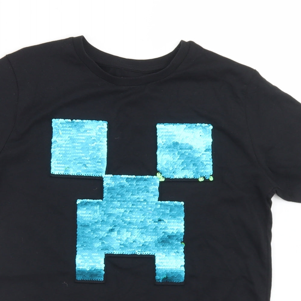 NEXT Boys Black  Cotton Basic T-Shirt Size 10 Years Crew Neck  - Minecraft Reversible sequins