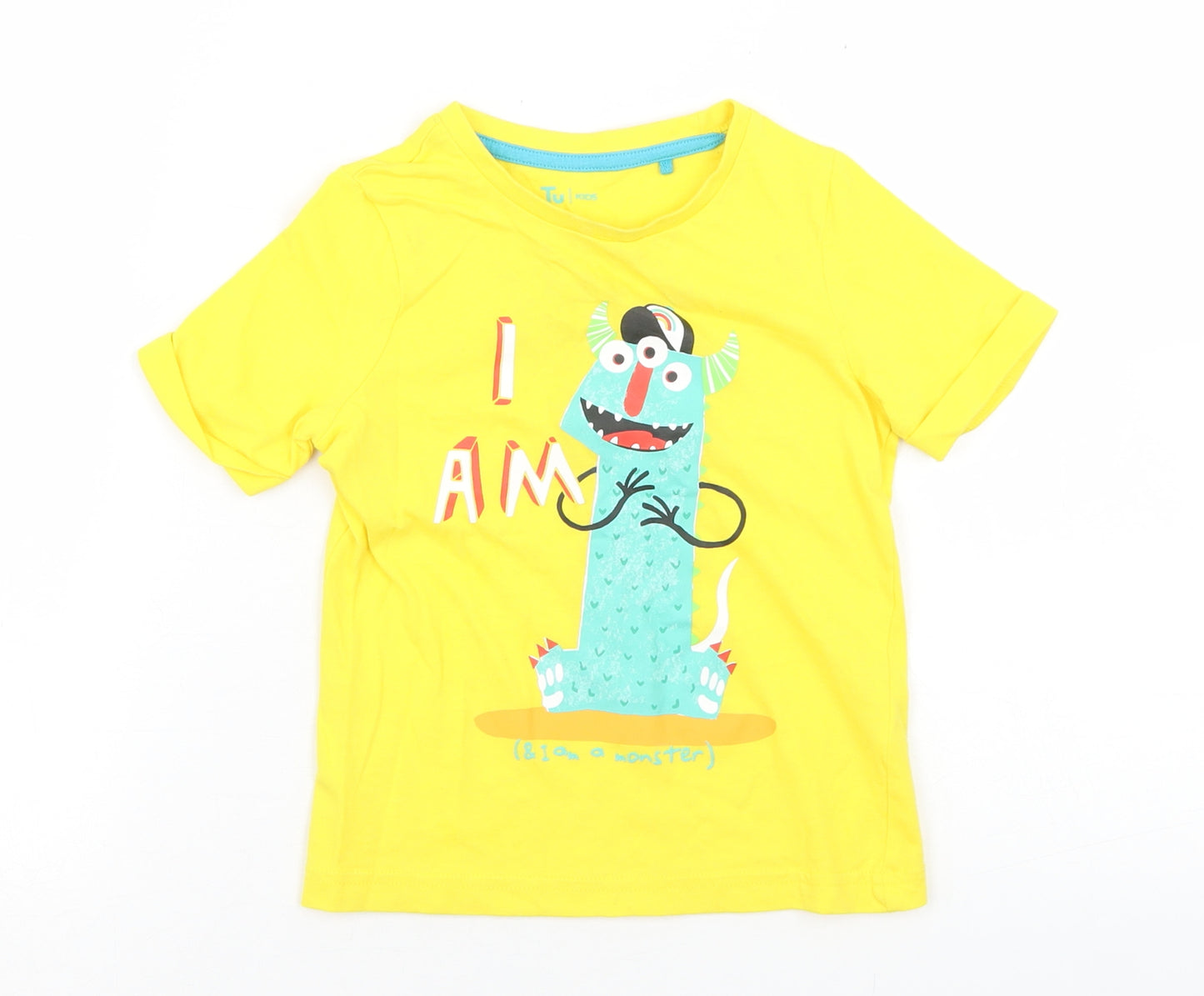 TU Boys Yellow  Cotton Basic T-Shirt Size 12-18 Months Crew Neck  - Monster