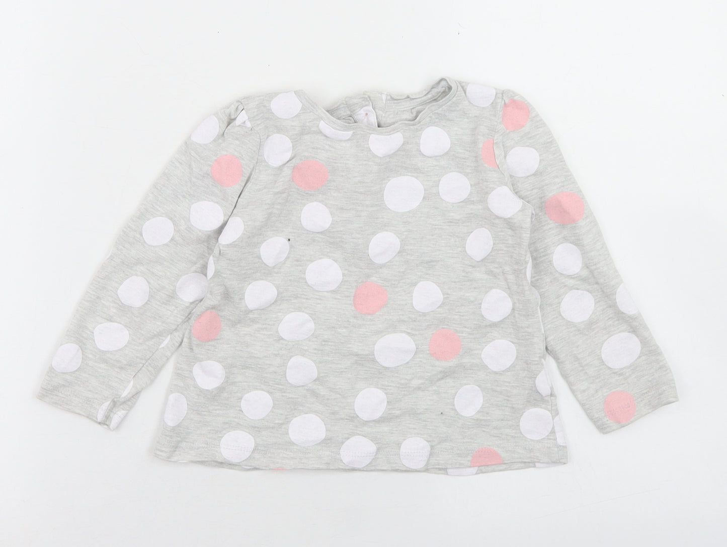 Dunnes Stores Girls Grey Polka Dot Cotton Basic T-Shirt Size 2-3 Years Crew Neck Button