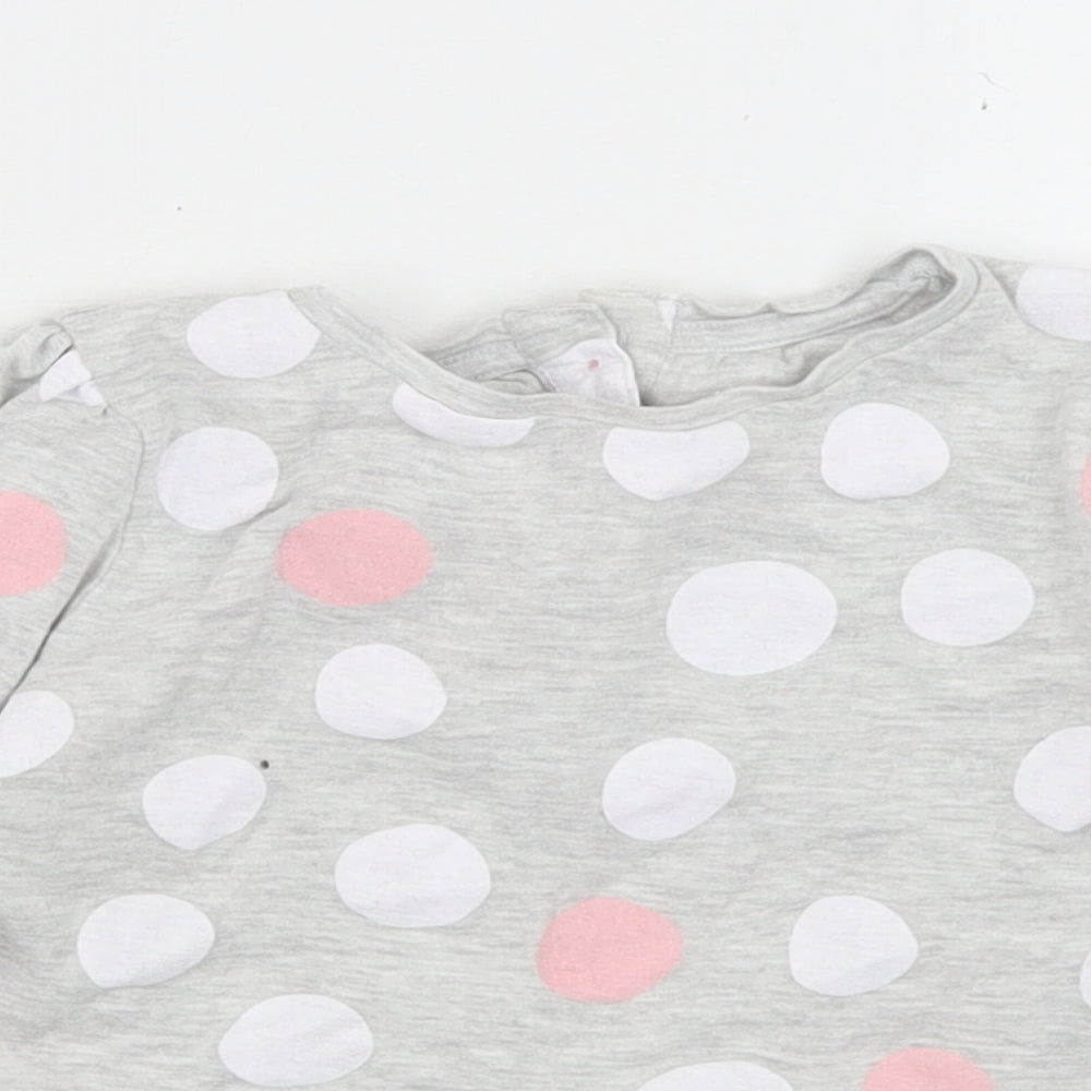 Dunnes Stores Girls Grey Polka Dot Cotton Basic T-Shirt Size 2-3 Years Crew Neck Button