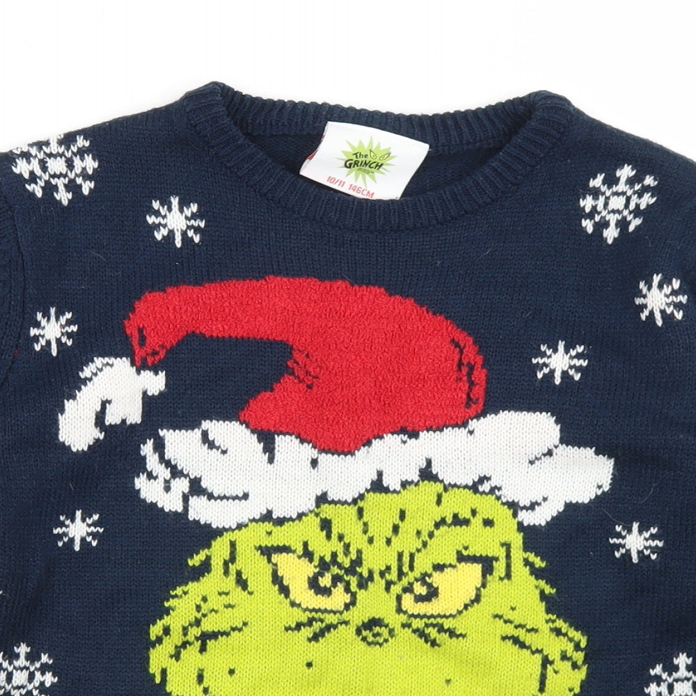 Primark Boys Blue Crew Neck  Acrylic Pullover Jumper Size 10-11 Years   - The Grinch