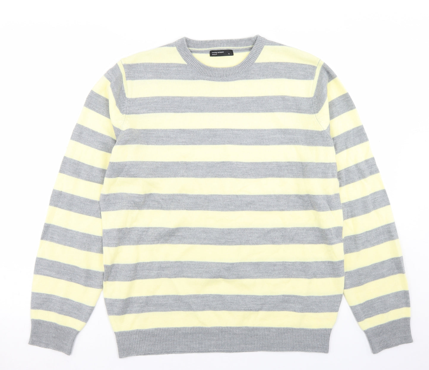 Cedar Wood State Mens Yellow Crew Neck Striped Acrylic Pullover Jumper Size S