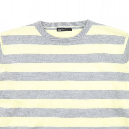 Cedar Wood State Mens Yellow Crew Neck Striped Acrylic Pullover Jumper Size S
