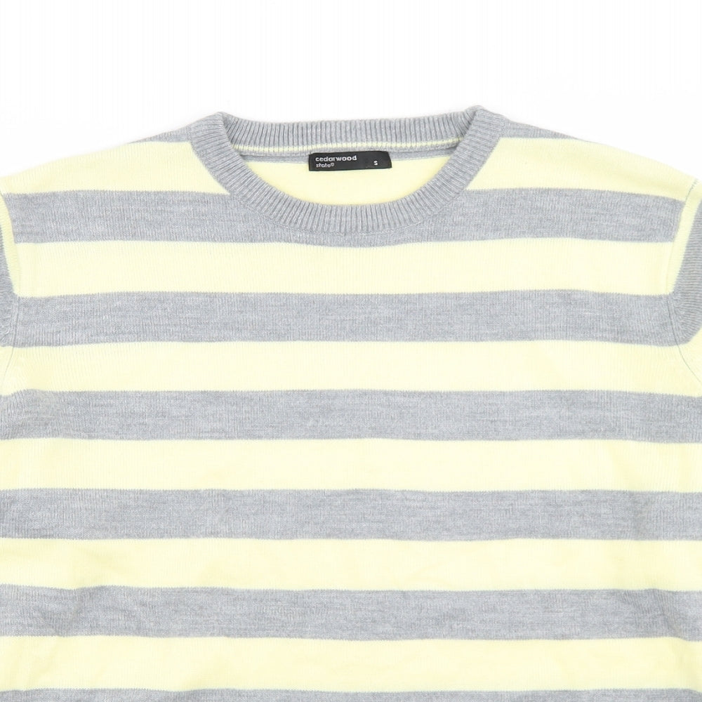 Cedar Wood State Mens Yellow Crew Neck Striped Acrylic Pullover Jumper Size S