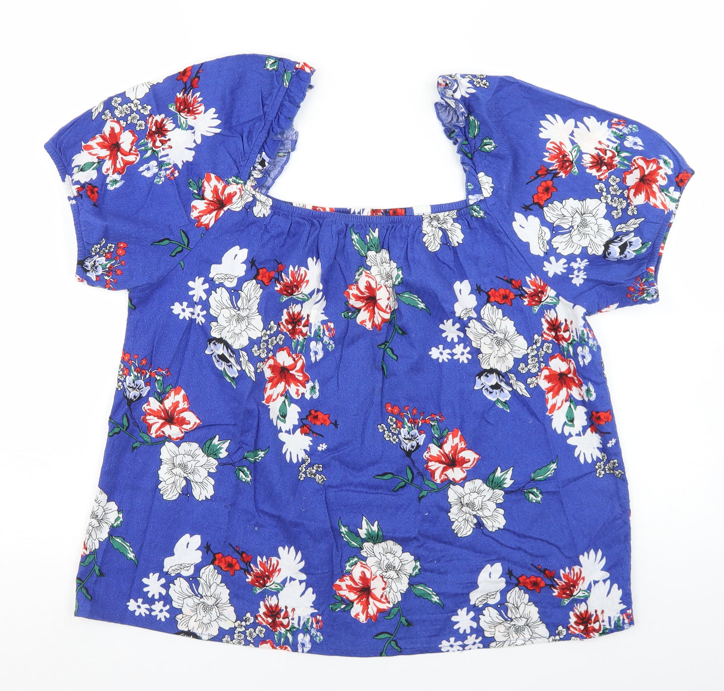 Primark Womens Blue Floral Cotton Basic T-Shirt Size 14 Off the Shoulder