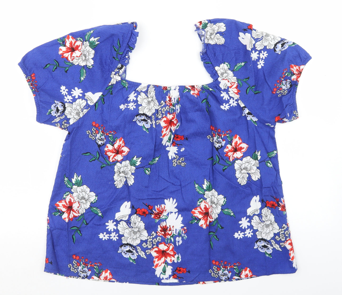 Primark Womens Blue Floral Cotton Basic T-Shirt Size 14 Off the Shoulder