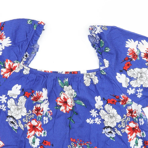 Primark Womens Blue Floral Cotton Basic T-Shirt Size 14 Off the Shoulder