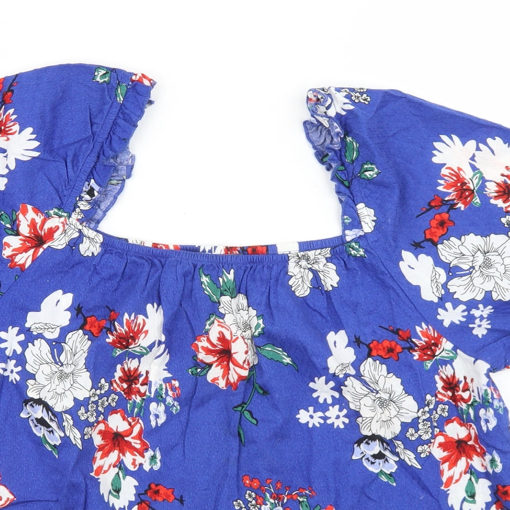 Primark Womens Blue Floral Cotton Basic T-Shirt Size 14 Off the Shoulder