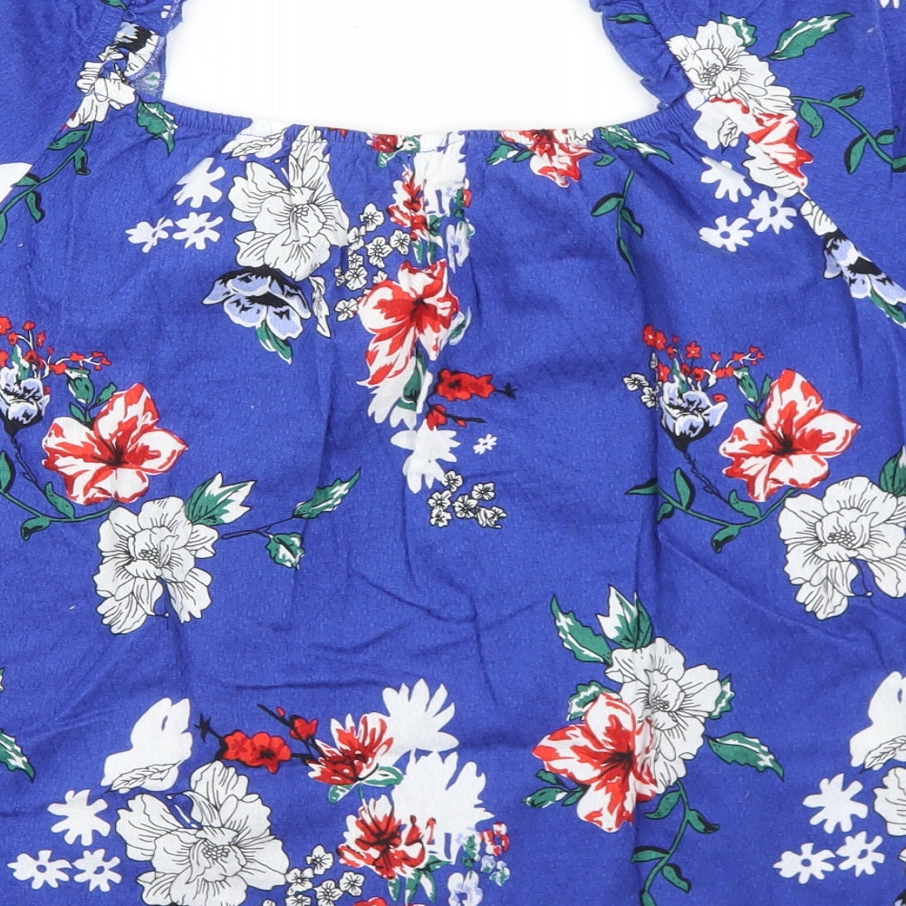 Primark Womens Blue Floral Cotton Basic T-Shirt Size 14 Off the Shoulder