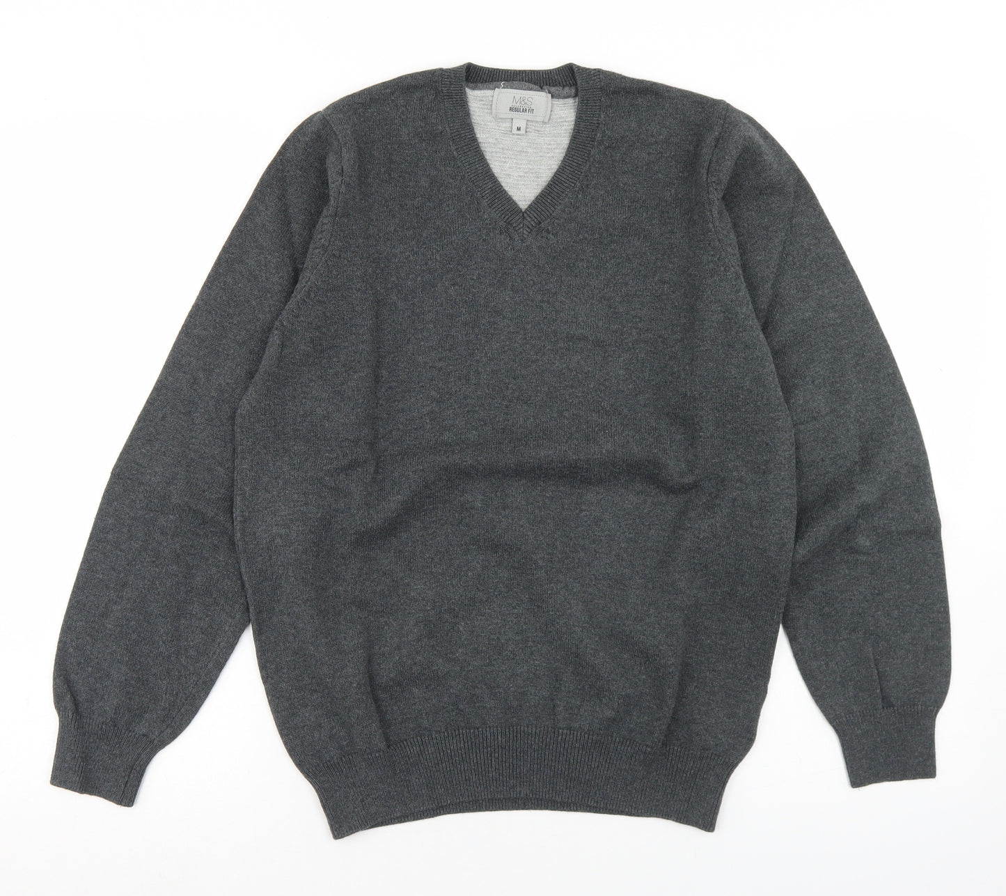 Marks and Spencer Mens Grey V-Neck  Cotton Pullover Jumper Size M